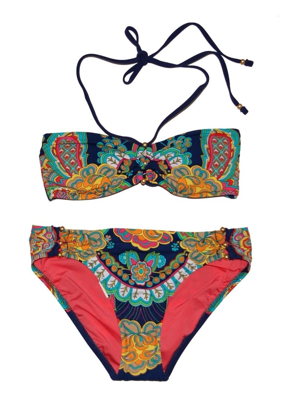 Nanette Lepore Navy Floral Bandeau Bikini with Coral Accents